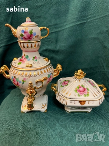 Нов комплект порцеланов самовар и захарница Гжель/Гжел, снимка 4 - Антикварни и старинни предмети - 52860180