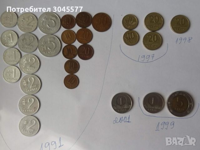 Монети Литва 1991,1997,1998,1999,2001, снимка 1 - Нумизматика и бонистика - 45448642