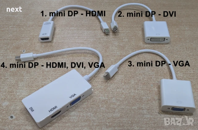 Преходник, адаптер, преобразувател mini DisplayPort (mini DP) към HDMI DVI VGA + Гаранция