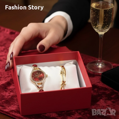 Луксозен дамски сет: часовник с кристали + гривна – в подаръчна опаковка, снимка 4 - Дамски - 51935593