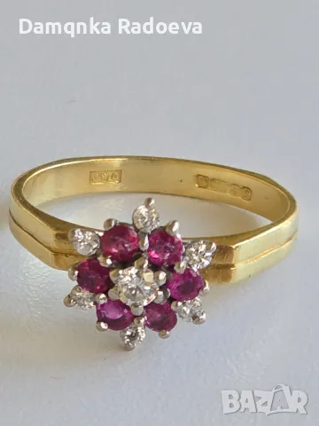 Златен пръстен с Диаманти и Рубини 18 карата проба 750, снимка 11 - Пръстени - 49783320