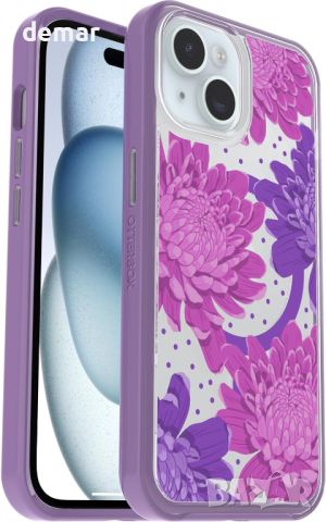 Прозрачен калъф OtterBox Symmetry MagSafe за Apple iPhone 15/14/13, удароустойчив, лилави цветя, снимка 5 - Калъфи, кейсове - 45495860