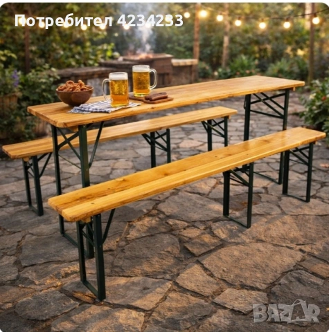 💥 Сгъваем комплект градинска маса с две пейки с отвор за чадър ☔