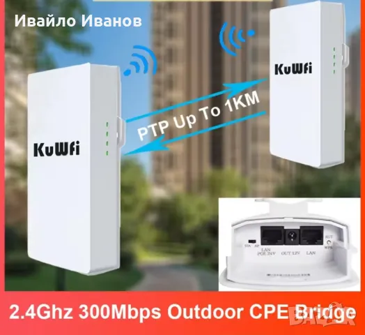 KuWFi CPE Bridge 2,4GHz 300Mbts PTP 1km, снимка 4 - Рутери - 48211699