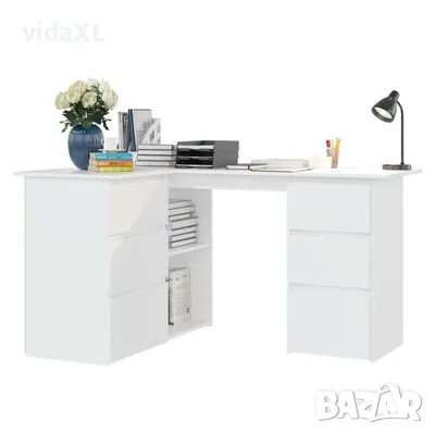 vidaXL Ъглово бюро, бяло, 145x100x76 см, инженерно дърво（SKU:801089）, снимка 3 - Бюра - 48778619