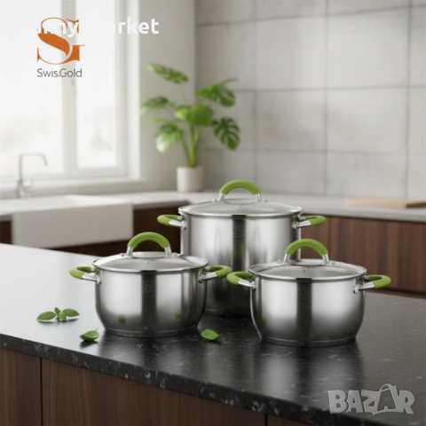 Комплект тенджери Swisgold – 3 броя, 5-слойно дъно - бързо и равномерно готвене
