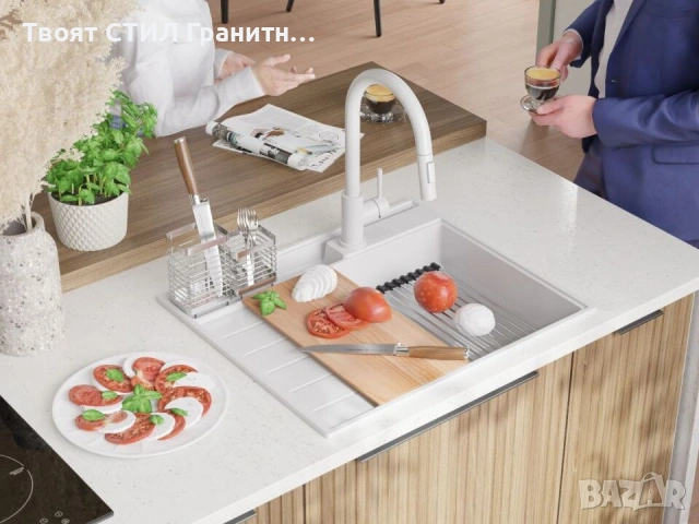 Бял гранитна кухненска мивка Сидни 620-45 Pocket Ergo Multilevel, снимка 2 - Мивки - 53813039