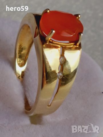 Позлатен сребърен пръстен с карнелиан, снимка 1 - Пръстени - 46475880