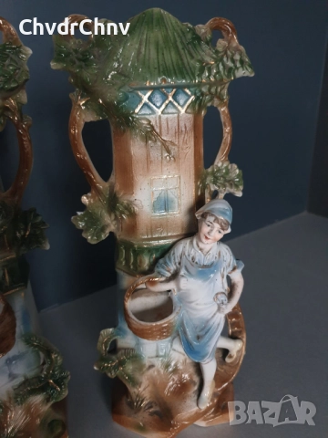 2бр чифт фигурални вази 27см/стари немски порцеланови вази с фигури/селяни с кошници, снимка 4 - Вази - 52550357