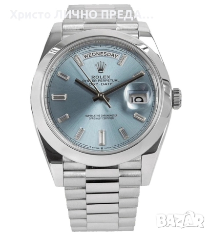 Rolex Oyster Perpetual Day-Date 40 Platinum Factory Baguette Diamonds ice blue 💙 dial 228206 UNISEX