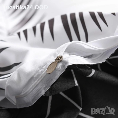 Мек и приятен спален комплект 180x220 бял с черни листа 4 части, снимка 3 - Спално бельо - 53899256