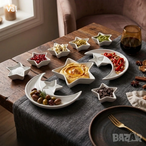 Луксозен комплект плата и купички във формата на Полумесец и Звезда - 9 части, бял порцелан, снимка 4 - Сервизи - 53929871