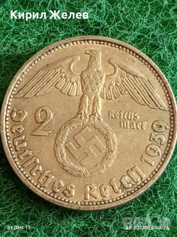 Сребърна монета 2 райхсмарки 1939г. Германия Трети Райх с Свастика за КОЛЕКЦИЯ 52615