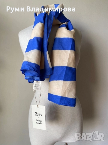 Бял/ син шал  Soleil Soleil от 100 % органик памук, с етикет, снимка 3 - Шалове - 52533920