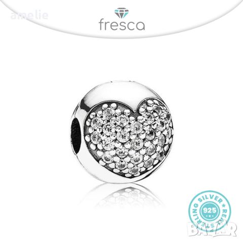 Талисман Fresca по модел тип Pandora Пандора сребро 925 Love Pave Heart Clips. Колекция Amélie, снимка 1 - Гривни - 39568482