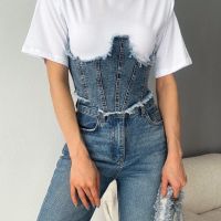 Ултра модетрна блуза с къс ръкав и дънков елемент тип корсет, снимка 4 - Тениски - 44968177