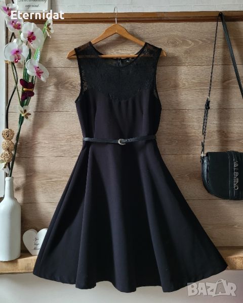 Черна разкроена рокля с дантела MANGO , снимка 1