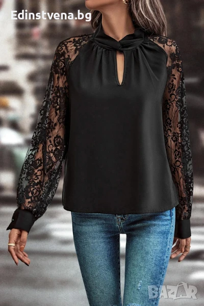 Дамска блуза в черно с дълъг ръкав и дантела, снимка 1