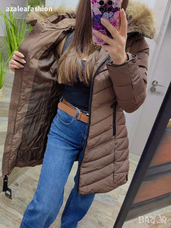 Дълго зимно яке с естествен косъм бежово, снимка 1