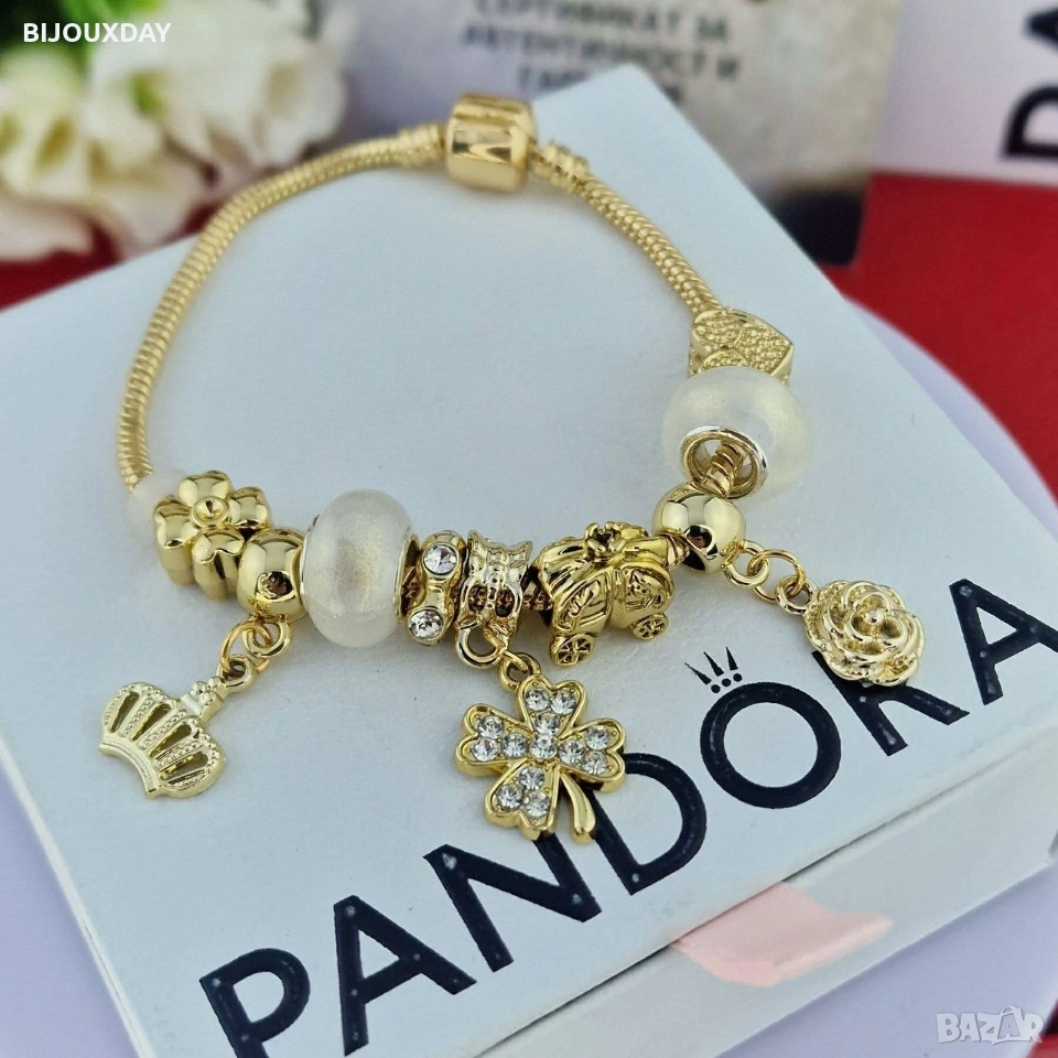 дамска гривна тип pandora на късмета с четирилистна детелина от стомана, снимка 1