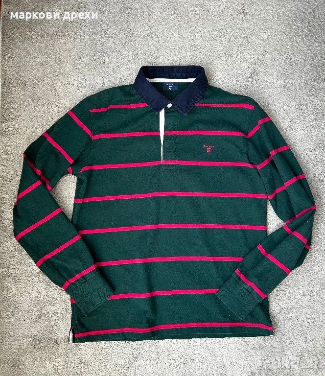 GANT fine knit lambswool striped rugby polo in green L, снимка 1