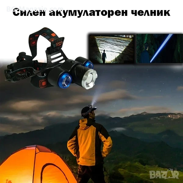 Презареждащ се LED челник за глава фенер риболов къмпинг регулиране на светлината zoom функция, снимка 1