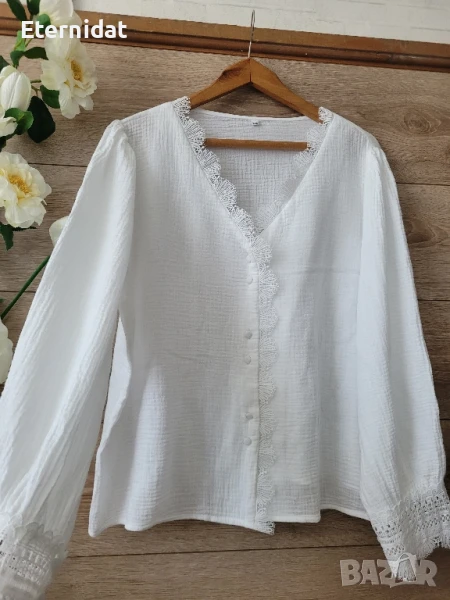 Бяла блуза памучна материя с дантела , снимка 1