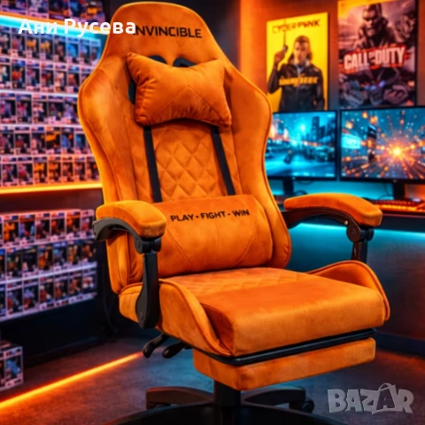 Оранжев велурен геймърски стол с поставка за крака – ергономичен, метална рамка, снимка 2 - Столове за офис - 53359048