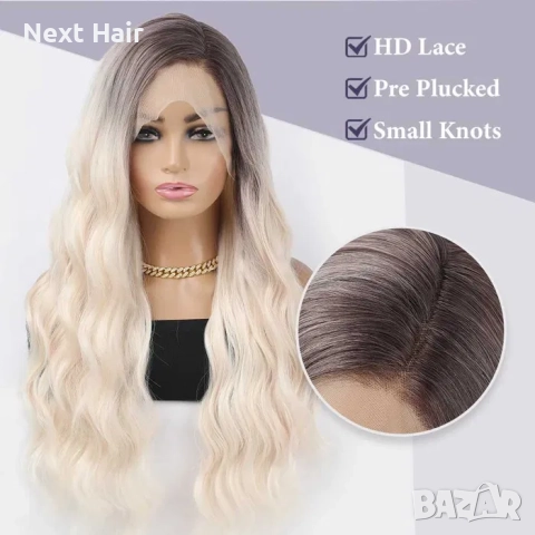 75 см Светло руса дантелена омбре перука с тъмни корени на път 13Х4, снимка 7 - Аксесоари за коса - 52878692