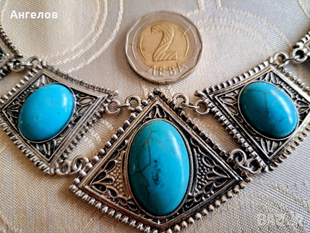 Троен посребрен комплект натурален тюркоаз, снимка 2 - Бижутерийни комплекти - 52511075