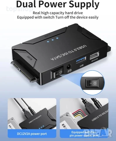USB 3.0 към IDE и SATA адаптер, четец на твърди дискове универсален 2,5"/3,5" инчов HDD/SSD 12V/2A, снимка 5 - Друга електроника - 50511250