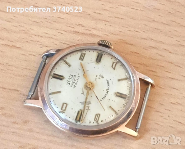 Немски-GDR /DDR Винтидж часовник GUB GLASHUTTE кал.70,1 - 17 RUBIS. Позлатен 20MK.Работи перфектно !, снимка 3 - Мъжки - 54171426