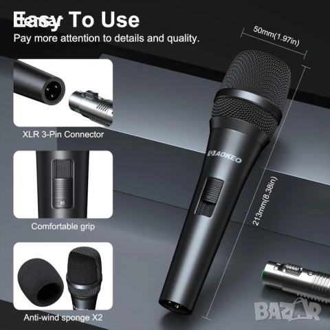 Динамичен караоке микрофон Aokeo, A450 с дунапренен калъф и 5 м XLR кабел, снимка 6 - Микрофони - 53795110