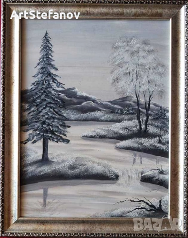 Стара антикварна картина - Зимен пейзаж 