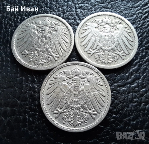 Стара монета 5 пфенига 1908 г. букви A , D и F - Германия -три разновидности !, снимка 6 - Нумизматика и бонистика - 39779148