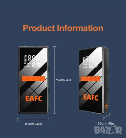 ДЖЪМП СТАРТЕР 4в1 + КОМПРЕСОР за гуми, за кола, автомобил, Jump Starter, 8000–10000mAh, Power Bank, снимка 6 - Аксесоари и консумативи - 54051215