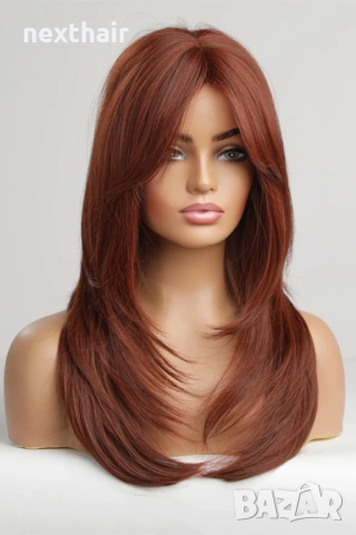 Кестенява перука с оранжево-кафяви нюанси и дълъг бретон, снимка 7 - Аксесоари за коса - 53804369