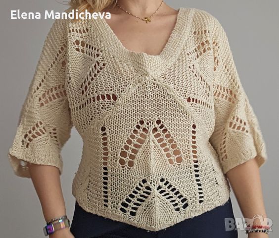 Лек и мек плетен пуловер блуза топ на дупки с V-образно деколте L XL размер, снимка 5 - Блузи с дълъг ръкав и пуловери - 45792463
