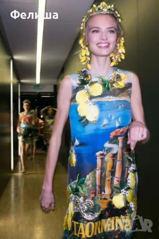 Брандова Силуетна Впечатлителна Блестяща Рокля ITALY Италия с Лимони, снимка 2 - Рокли - 50121910