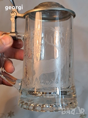 немска халба с ловни мотиви и калаен похлупак 31/3