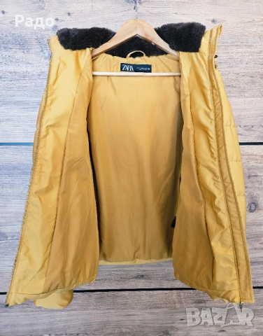 Ново дамско яке ZARA зимно горчица размер XS качулка подплата вата сако палто жълто златисто, снимка 5 - Якета - 53192740