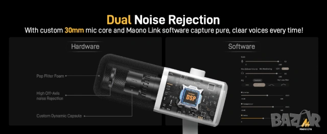 Гейминг микрофон RGB комплект с рамо MAONO PD100XS USB/XLR - Чисто нов, снимка 12 - Микрофони - 54102795