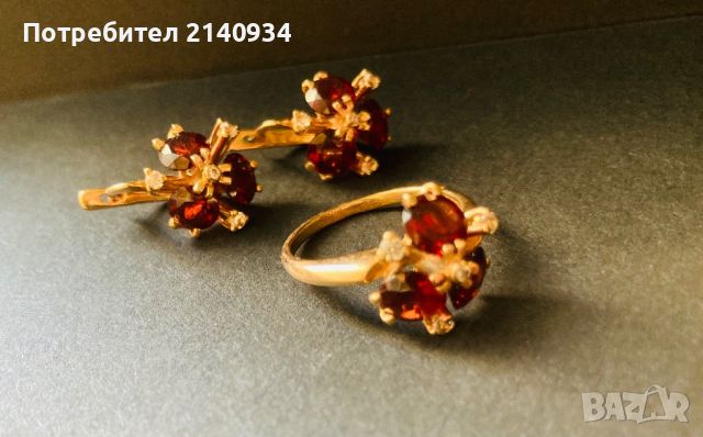 Руски златни обеци и пръстен с гранат, снимка 1 - Обеци - 45886919