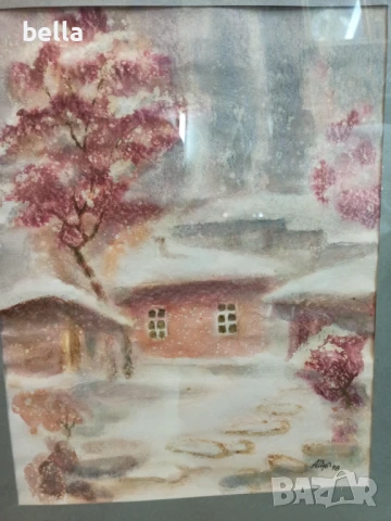 Рамкиран акварел с паспарту на художника Ангел Шарлиев -Първи сняг в Боженци., снимка 2 - Антикварни и старинни предмети - 50554306