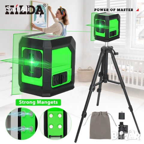 HILDA Лазерен нивелир 2 линии зелен лъч със статив 1М самонивелиращ, снимка 2 - Измервателни инструменти - 53661218