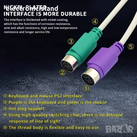 Преходник USB мъжки към двоен PS/2, PS2 женски адаптер за клавиатура и мишка конектор порт компютър, снимка 4 - Други - 39149900