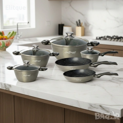 Комплект съдове за готвене Cheffinger от лят алуминий с мраморно покритие – 10 части, снимка 11 - Други - 53427460