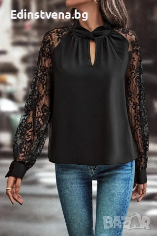 Дамска блуза в черно с дълъг ръкав и дантела, снимка 1
