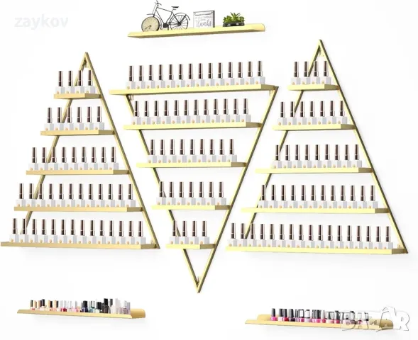 Kalolary Метални стенни стелажи за съхранение на лакове за нокти 5 нива Златен триъгълен стелаж, снимка 1