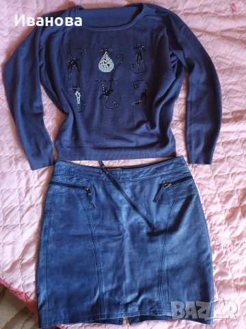 Сет кожена пола и красива блуза с котки